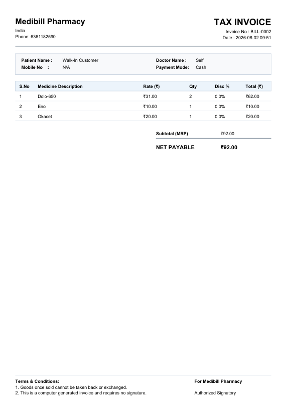 MediBill Lite Sample Printed Invoice Layout