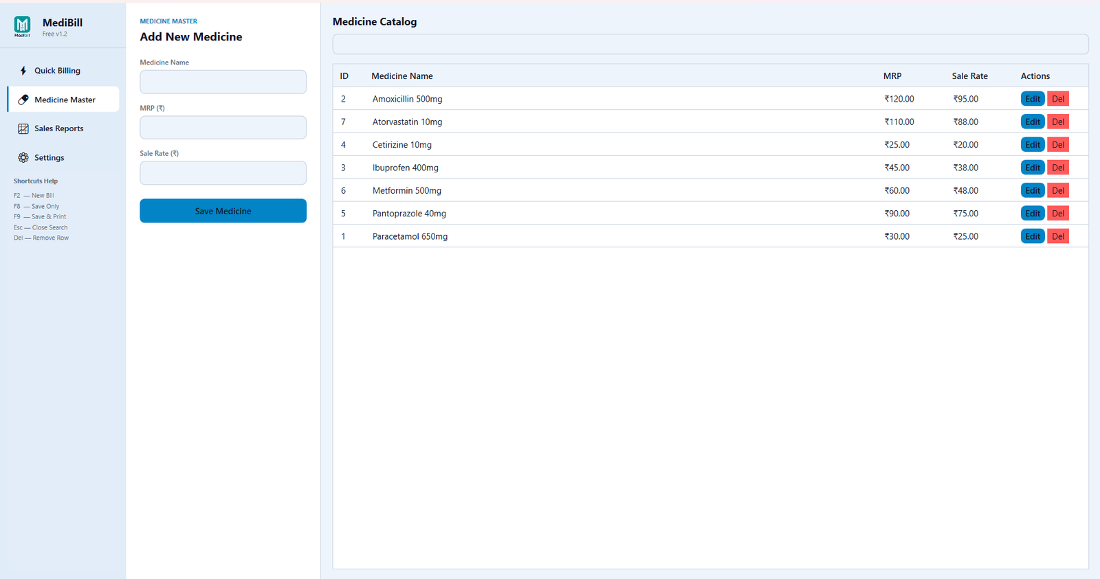 MediBill Lite Medicine Database Master Screen