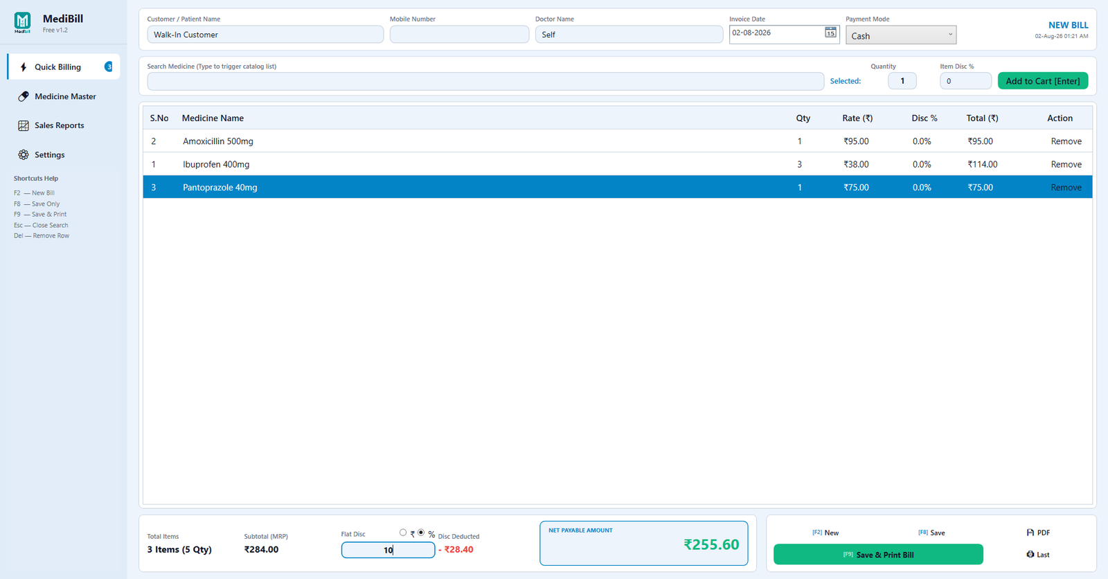 MediBill Lite Quick Billing Workspace Screen