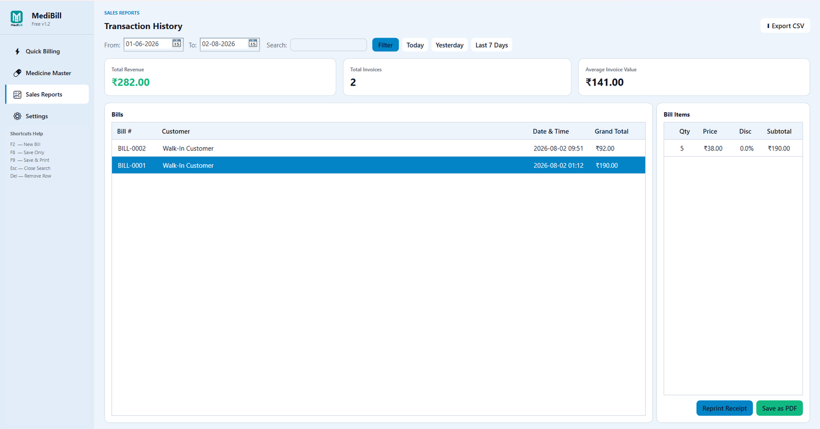 MediBill Lite Sales Ledger Reports Screen