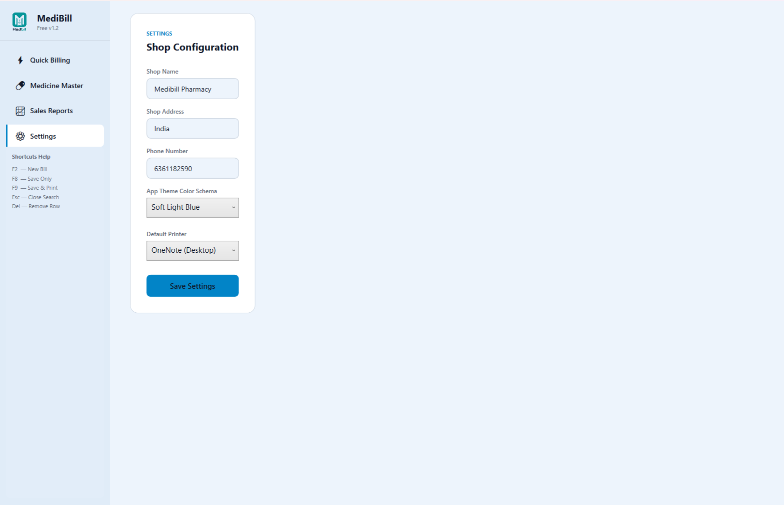 MediBill Lite Settings Setup Screen